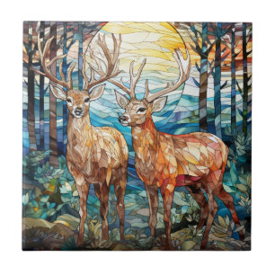 Double Buck Deer Forest Stained Glass Tile