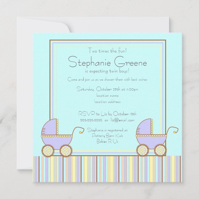 Double Carriage Twin Boy Baby Shower Invitation (Front)