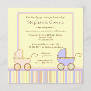 Double Carriage Twin Girl Boy Shower Invitation