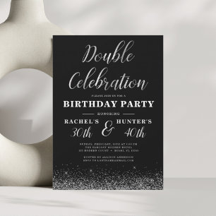 Double Celebration Black Silver Birthday Party Invitation