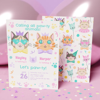 Double Celebration Cute Kitty Combined Birthday Invitation