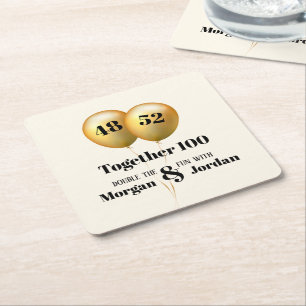 Double Celebration Joint Birthday Gold and Black Square Paper Coaster