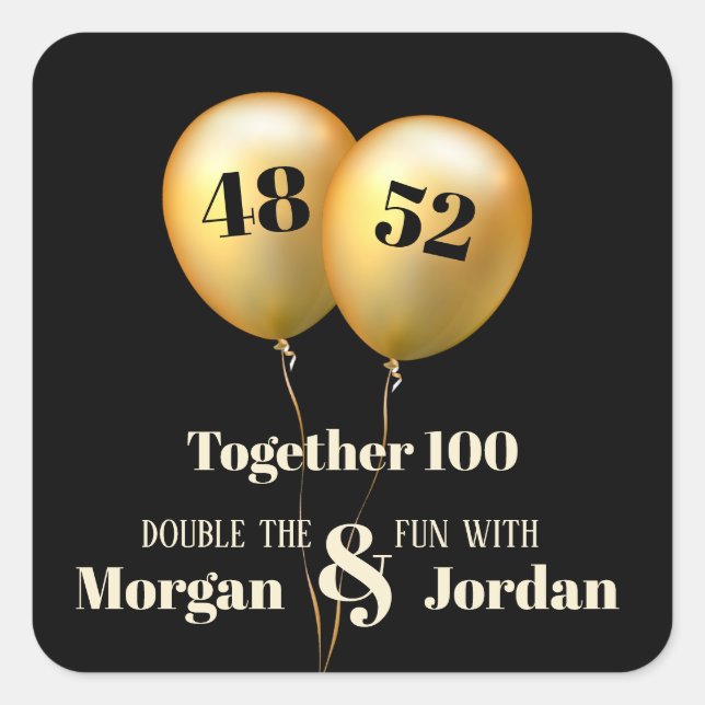 Double Celebration Joint Birthday Gold and Black Square Sticker (Front)