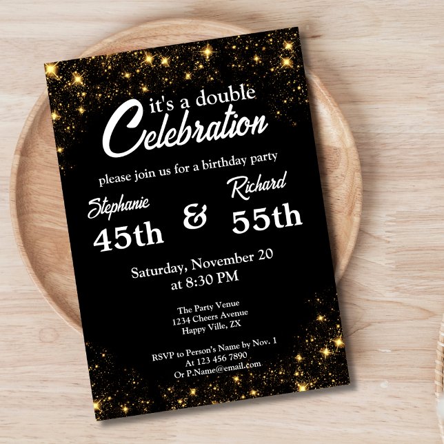 Double Celebration Joint Birthday Gold Black  Invitation (Creator Uploaded)