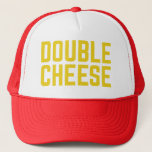 DOUBLE CHEESE fun slogan typographic trucker hat<br><div class="desc">DOUBLE CHEESE fun and bold slogan on trucker hat,  yellow,  ironic typography,  funny statement,  inspired by tv character frank rossitano. really cheesy hat.</div>