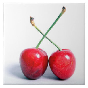Double Cherries Close up Photo Tiles