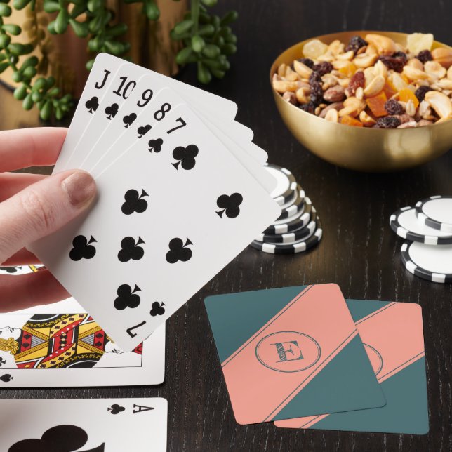 Double Circle Geometric Angle Teal Letter Monogram Playing Cards (In Situ)