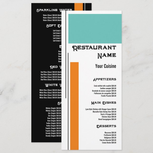 Double Classic Block Colour, Restaurant Slimline Menu (Front/Back)