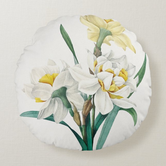 Double Daffodil,  Pierre-Joseph Redouté, 1827 Round Cushion (Front)