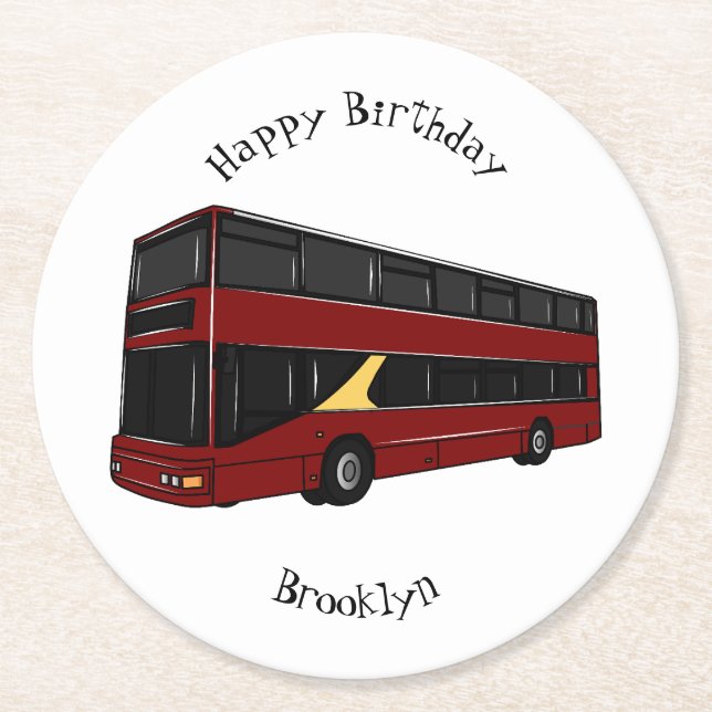 Double-decker bus cartoon illustration round paper coaster (Front)