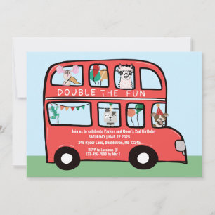 Double Decker Bus Combined Joint Birthday Party Invitation
