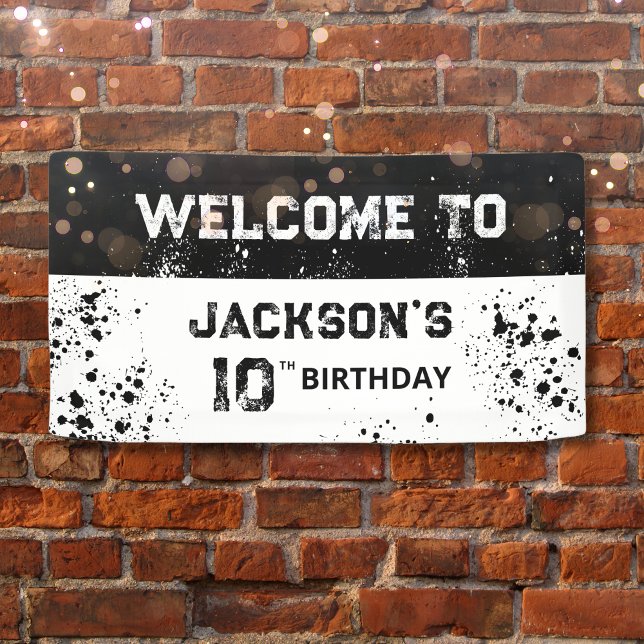 Double Digits Black Grunge 10th Birthday Welcome Banner (Boys Grunge 10th Birthday Welcome Banner)