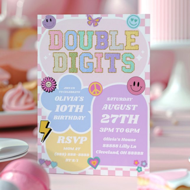 Double Digits Preppy Patch 10th Birthday Party Invitation (Creator Uploaded)
