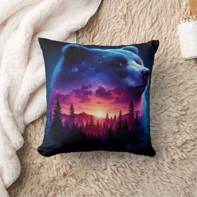 Double Exposure Bear Portrait With Vibrant Sunset Cushion (Blanket)