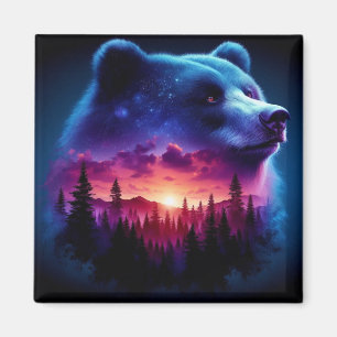 Double Exposure Bear Portrait With Vibrant Sunset Magnet