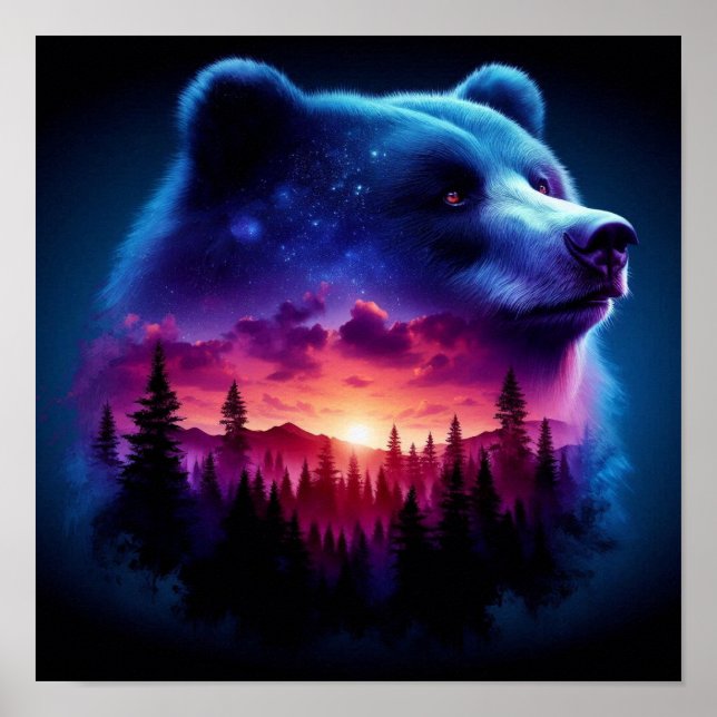 Double Exposure Bear Portrait With Vibrant Sunset Poster (Front)