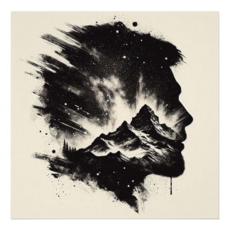 Double Exposure Man Profile with Mountain Landscap Photo Print
