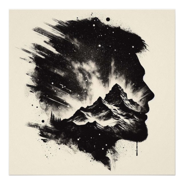 Double Exposure Man Profile with Mountain Landscap Photo Print (Front)