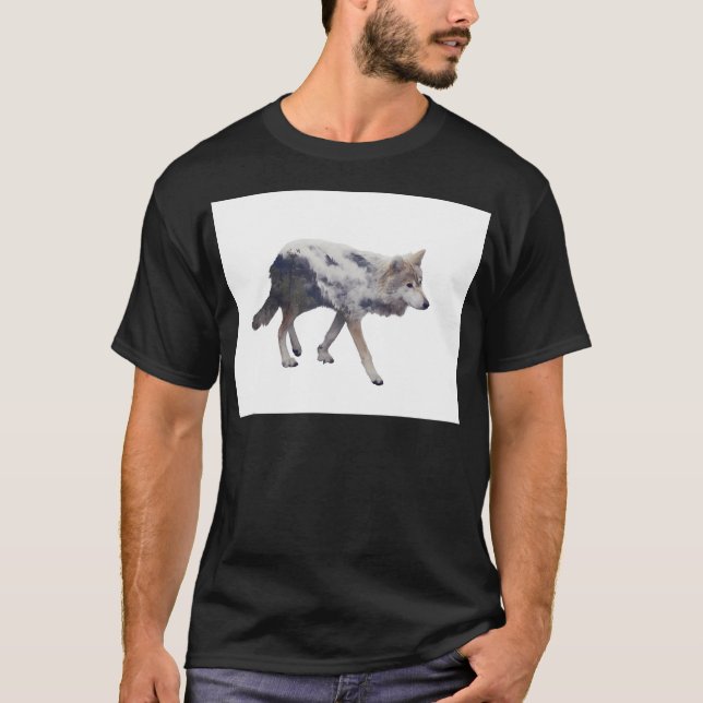 Double Exposure Of Wolf And Pine Forest On White B T-Shirt (Front)