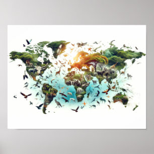 Double Exposure of World Map and Forest Poster