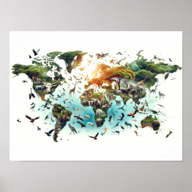 Double Exposure of World Map and Forest Poster (Front)