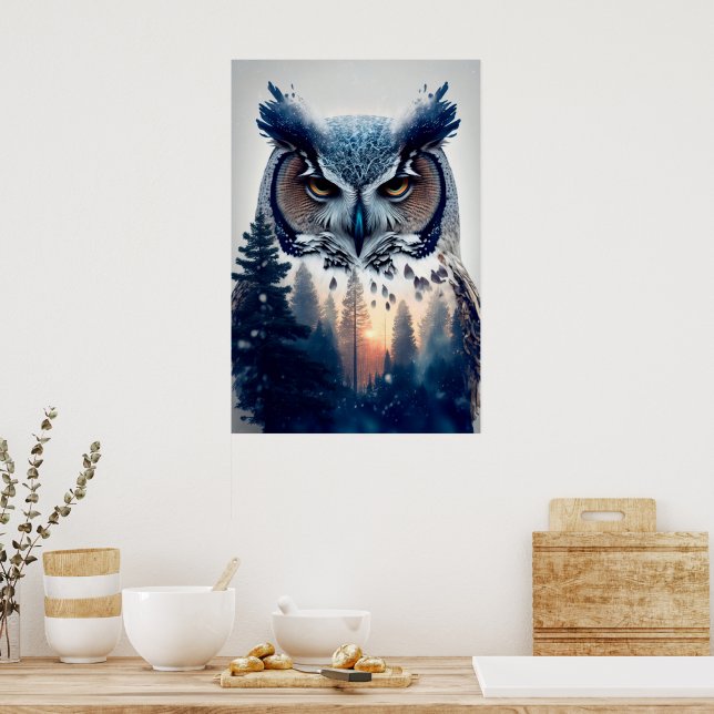 Double Exposure Portrait of Owl and Tree Branch Poster (Kitchen)
