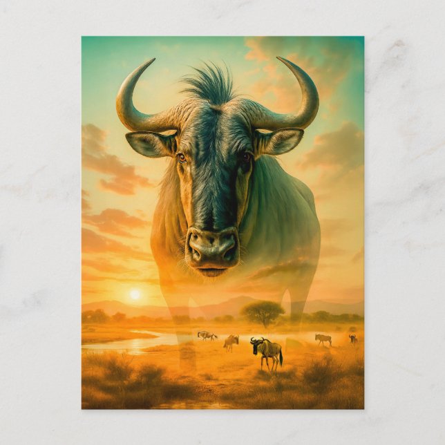 Double Exposure Portrait of Wildebeest Holiday Postcard (Front)