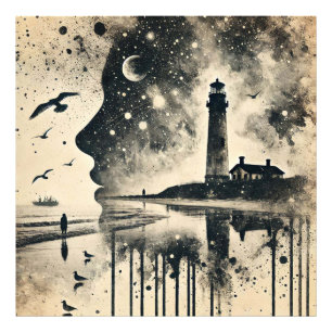 Double Exposure Portrait with Starry Sky Lighthous Photo Print