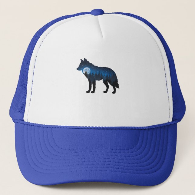 Double Exposure Wolf Silhouette Moonlit and Starry Trucker Hat (Front)