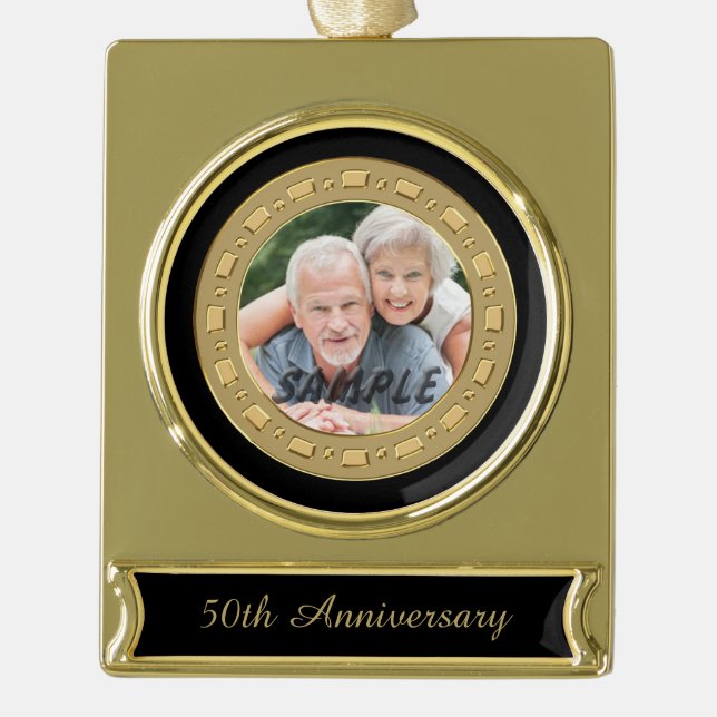 Double Frame Golden Wedding Anniversary Photo Gold Plated Banner Ornament (Front)