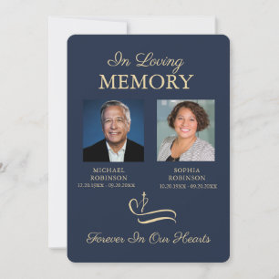 Double Funeral Photo Memorial Modern Blue Gold  Invitation