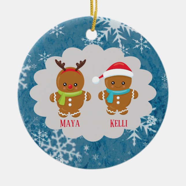 Double Gingerbread Cookie Christmas w Names Year Ceramic Tree Decoration (Front)