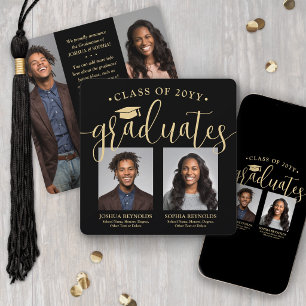 Double Graduation 2 Grads & 4 Photos Black & Gold Announcement