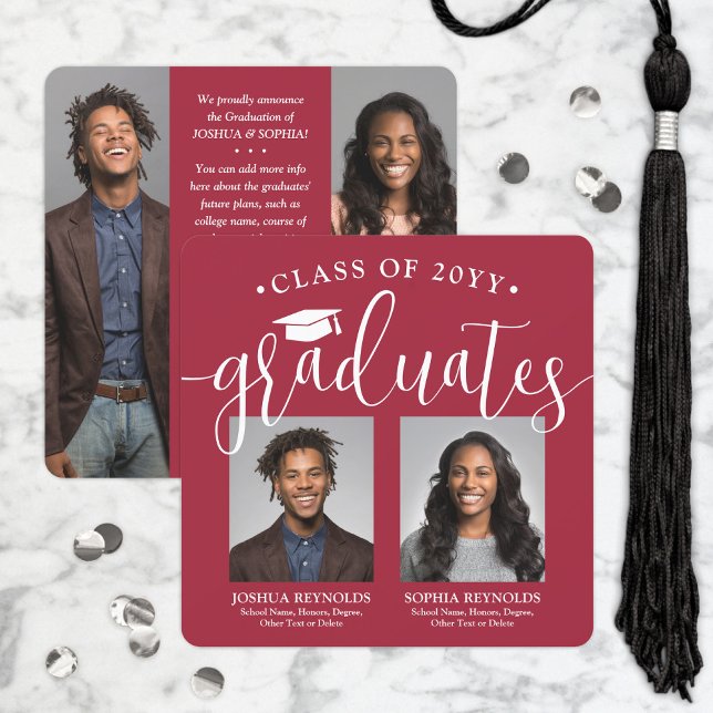 Double Graduation 2 Grads & 4 Photos Red and White Announcement (Creator Uploaded)