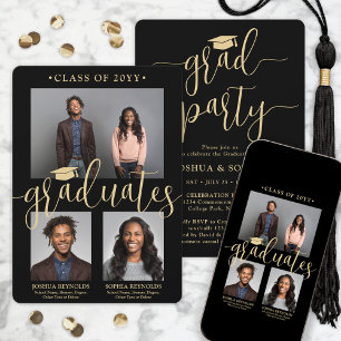 Double Graduation 2 Grads Black & Gold Joint Photo Invitation