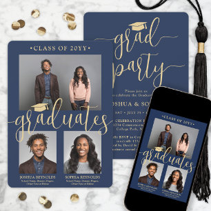 Double Graduation 2 Grads Navy & Gold Joint Photo Invitation