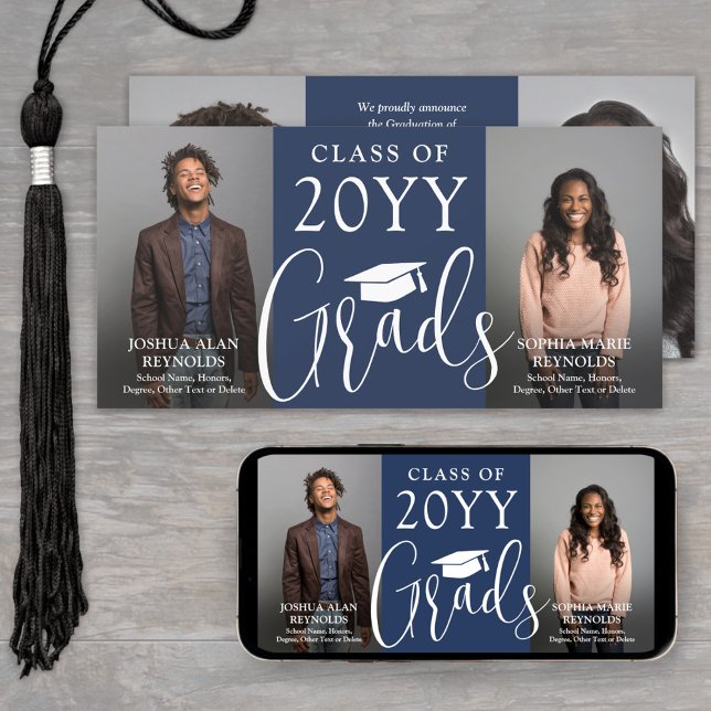 Double Graduation 2 Grads Navy & White Joint Photo Announcement (Creator Uploaded)