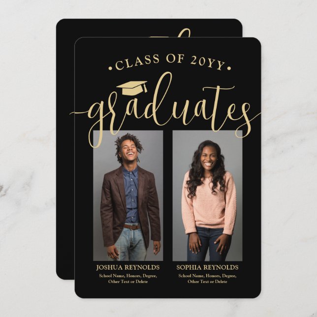 Double Graduation 2 Photos Black and Gold Joint Invitation (Front/Back)