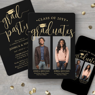 Double Graduation 2 Photos Black and Gold Joint Invitation