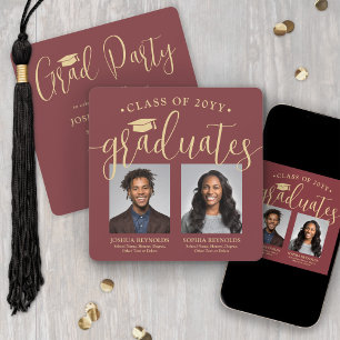 Double Graduation 2 Photos Burgundy and Gold Joint Invitation