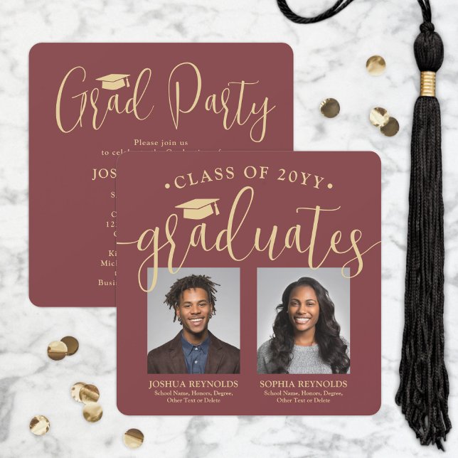 Double Graduation 2 Photos Burgundy and Gold Joint Invitation (Creator Uploaded)