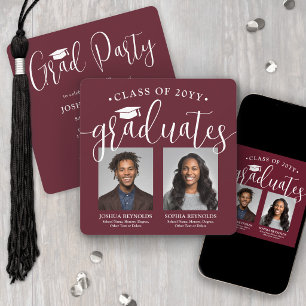 Double Graduation 2 Photos Maroon Red Joint Party Invitation