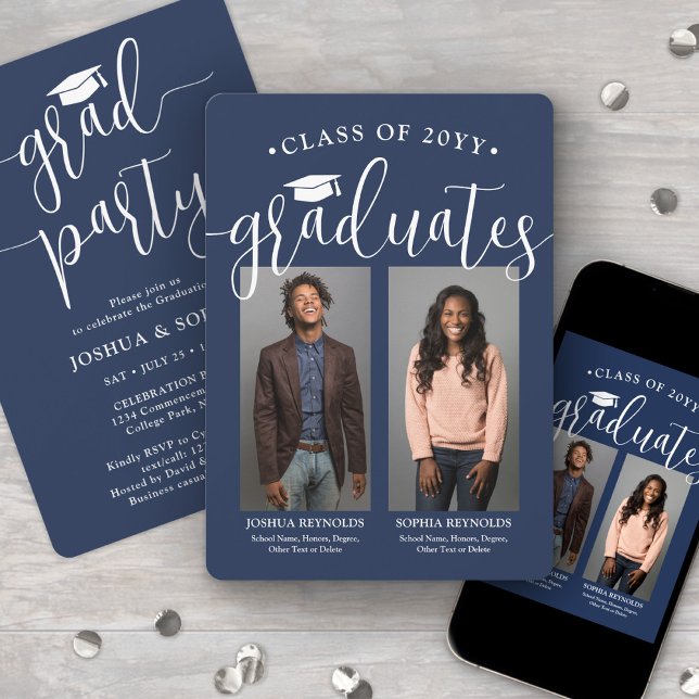 Double Graduation 2 Photos Navy Blue & White Joint Invitation (Creator Uploaded)