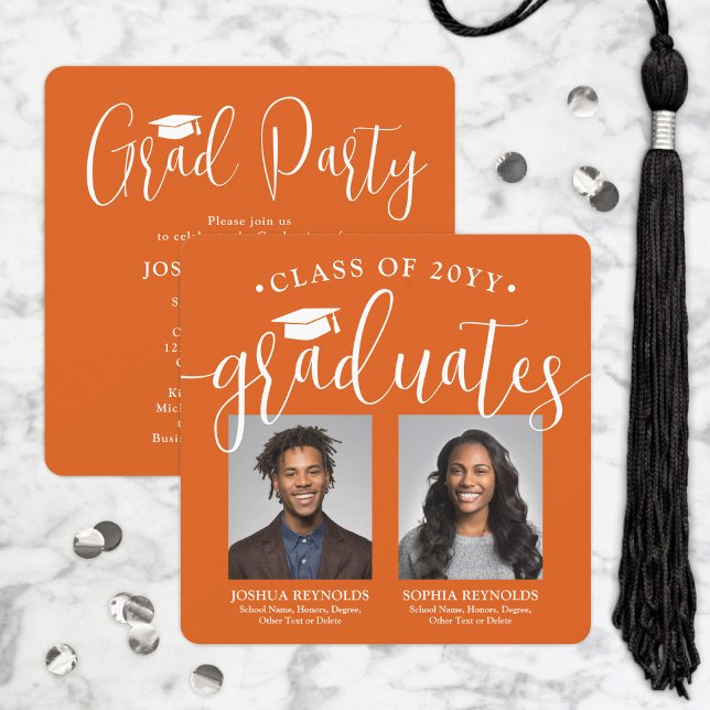 Double Graduation 2 Photos Orange Joint Party Invitation (Creator Uploaded)