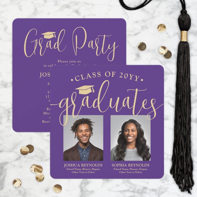 Double Graduation 2 Photos Purple Gold Joint Party Invitation (Creator Uploaded)