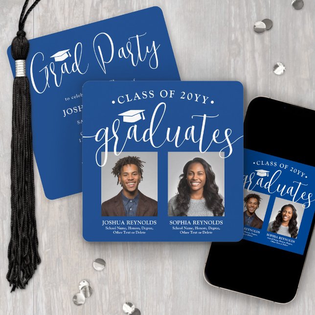 Double Graduation 2 Photos Royal Blue Joint Party Invitation (Creator Uploaded)