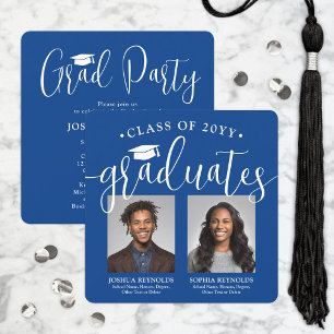 Double Graduation 2 Photos Royal Blue Joint Party Invitation