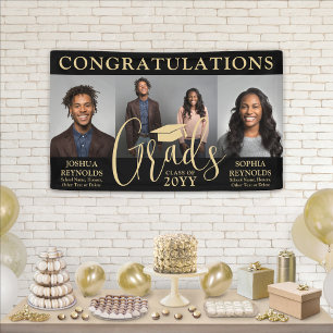 Double Graduation 3 Photo Black & Gold Joint Party Banner
