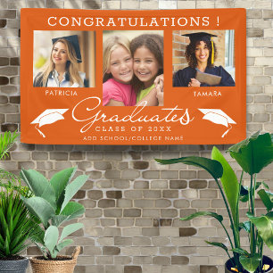 Double Graduation 3 Photo Collage Orange And White Banner