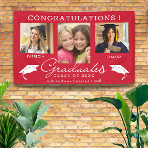 Double Graduation 3 Photo Collage Red And White  Banner
